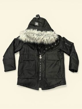 Awaknd Land Black Ski Jacket with Gray Faux Fur Hood Trim
